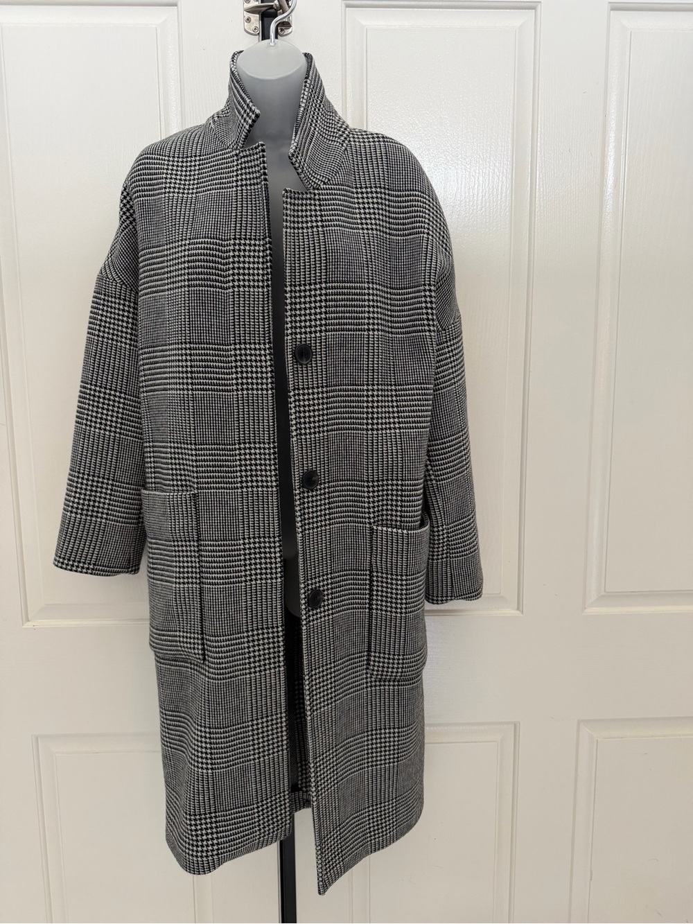 Allsaints Teya Black/Gray/White Check Gray Italian Cloth Coat XS